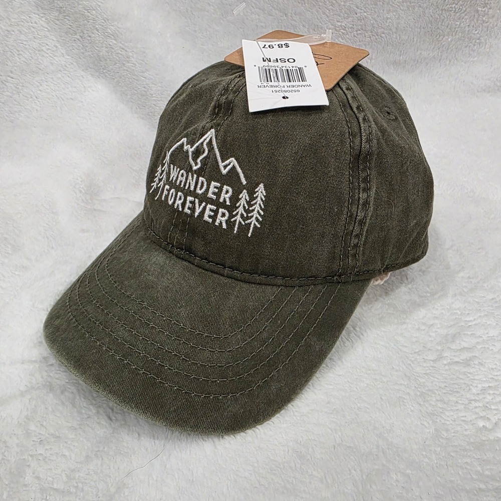 Infinity Brands Wander Forever Hat Cap Green Washed Cotton Mountain Hiking NWT